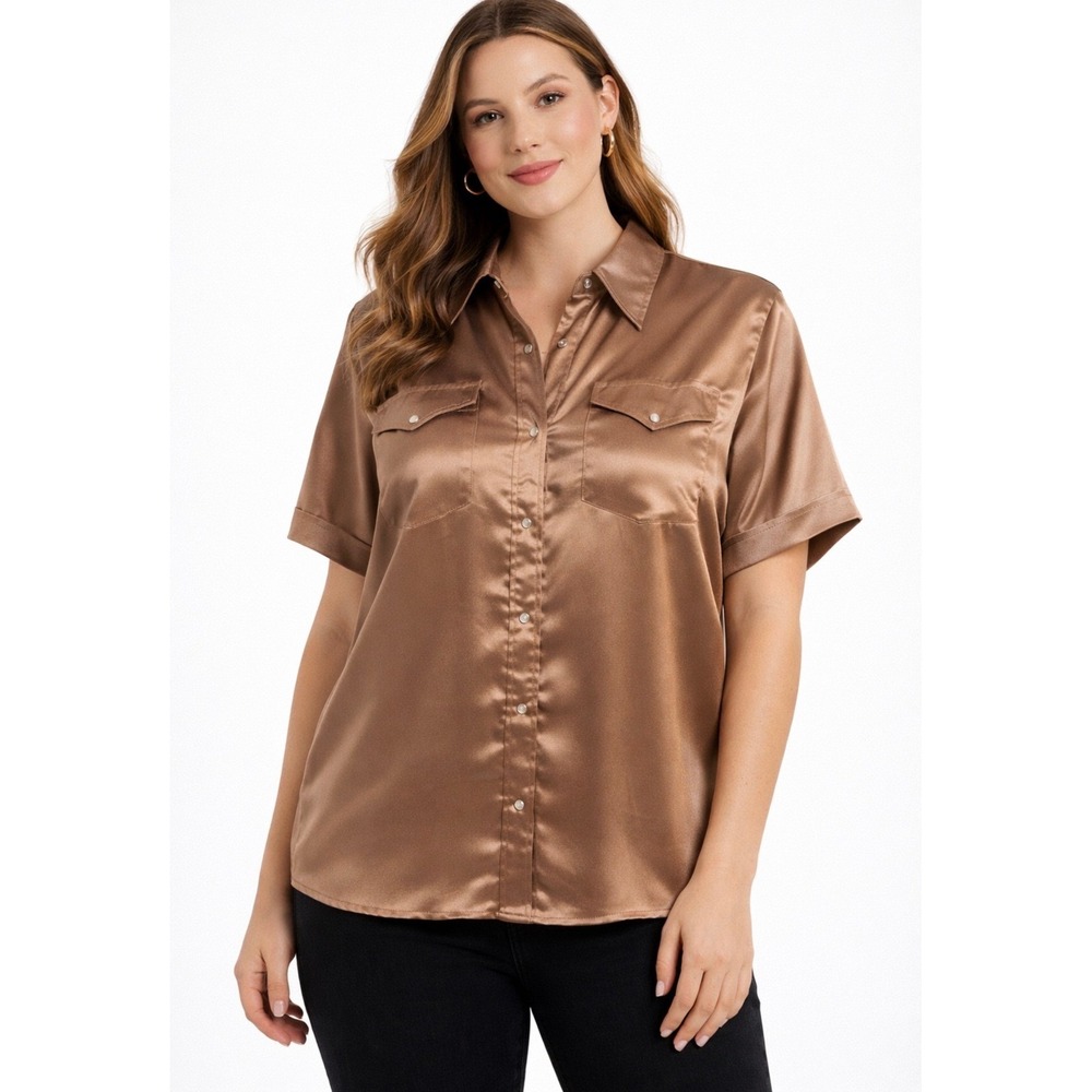 Vintage Y2K Bronze Satin Western Snap Button Shirt – Size Large – Shiny Metallic
